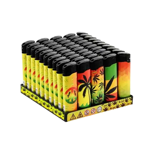 Présentoir de 50 briquets Zetla Clic Rasta Man chez Amsterdam Quality, reflétant l'essence rasta dans une variété de motifs uniques.