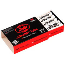 Boîte ouverte de filtres Zetla Slim Active, révélant les filtres blancs à charbon actif. Idéal pour fumer du CBD avec une filtration optimale