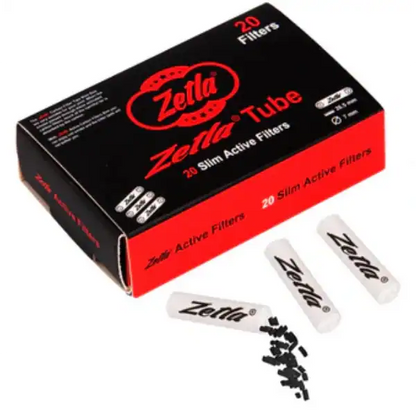 Boîte de 20 filtres Zetla Slim Active, filtres à charbon actif pour une expérience plus pure. Accessoire idéal pour les consommateurs de CBD. Disponible chez Amsterdam Quality.