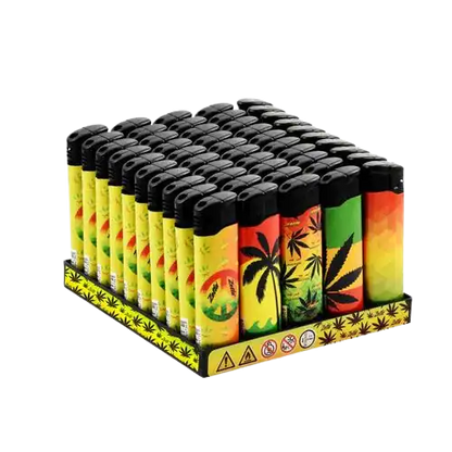 Présentoir de 50 briquets Zetla Clic Rasta Man chez Amsterdam Quality, reflétant l'essence rasta dans une variété de motifs uniques.