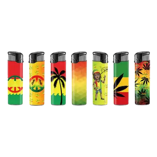 Sept briquets Zetla Clic Rasta Man différents, chacun avec un design rasta unique, disponibles chez Amsterdam Quality. Choisissez votre style!