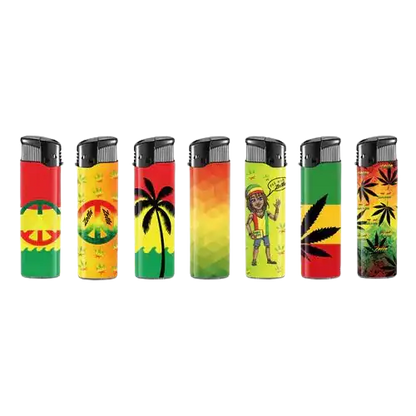 Sept briquets Zetla Clic Rasta Man différents, chacun avec un design rasta unique, disponibles chez Amsterdam Quality. Choisissez votre style!