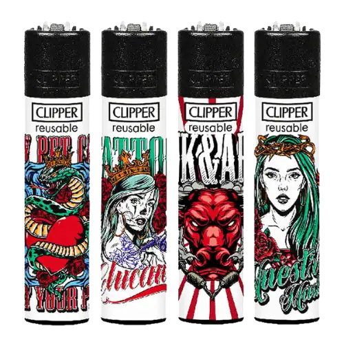 Briquets Clipper aux designs variés, disponibles chez Amsterdam Quality. Accessoire élégant et pratique pour allumer vos produits favoris.