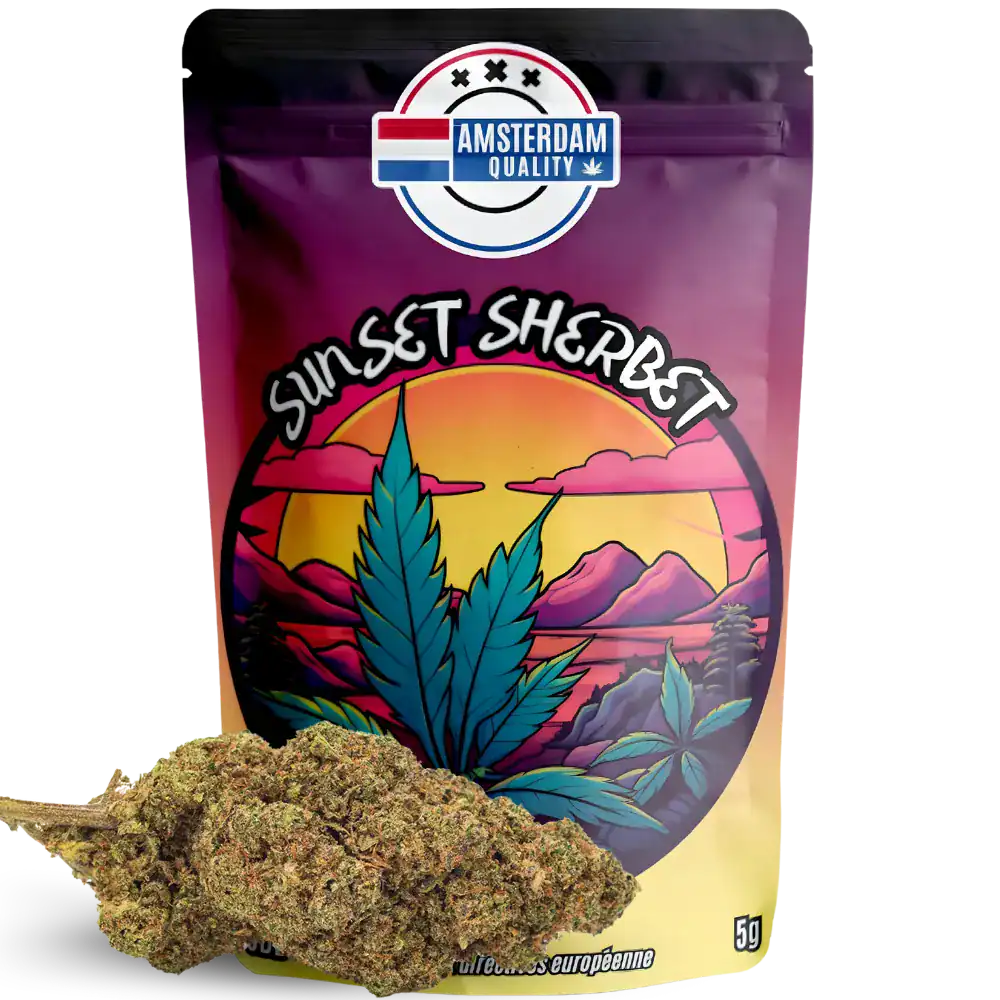 Packaging Fleur CBD Sunset Sherbet - Indoor - Amsterdam Quality. Design coloré évoquant des notes fruitées et sucrées.