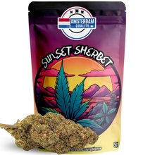 Packaging Fleur CBD Sunset Sherbet - Indoor - Amsterdam Quality. Design coloré évoquant des notes fruitées et sucrées.