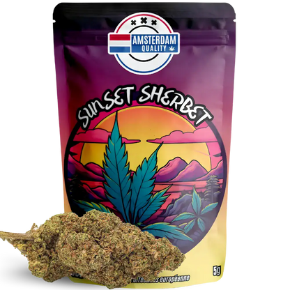 Packaging Fleur CBD Sunset Sherbet - Indoor - Amsterdam Quality. Design coloré évoquant des notes fruitées et sucrées.