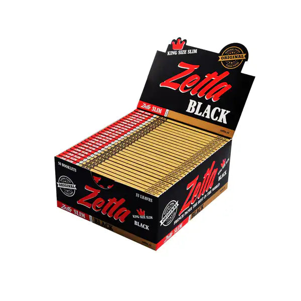 Boîte de 50 carnets de feuilles à rouler Zetta Black King Size Slim, papier non blanchi, 33 feuilles par carnet.