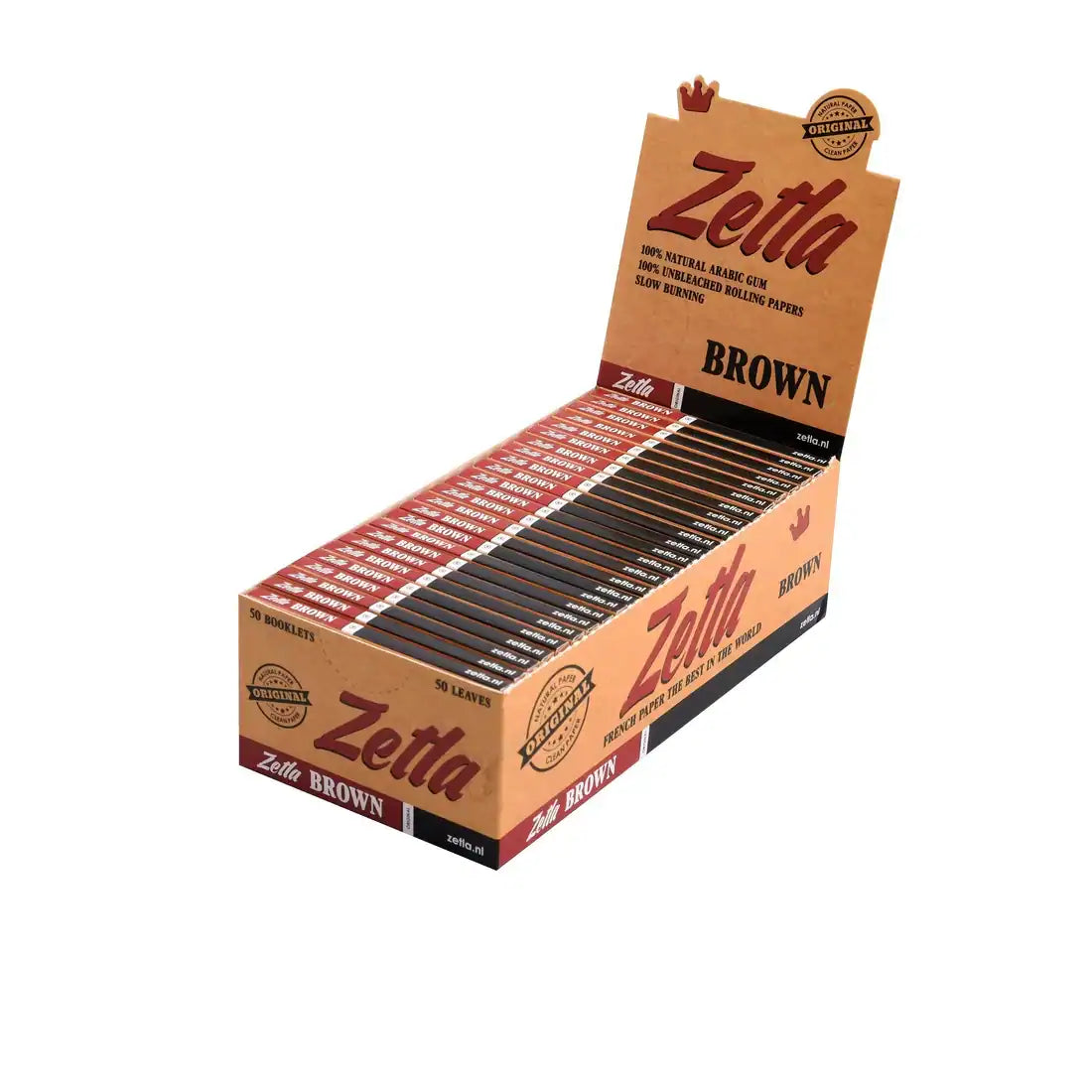 Boîte de 50 carnets de feuilles à rouler Zetta Brown King Size Slim, papier non blanchi, 33 feuilles par carnet.