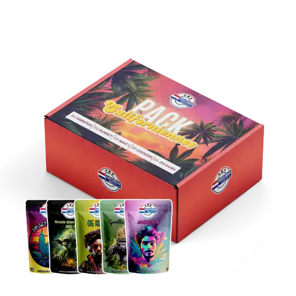 Pack de fleurs CBD californiennes Amsterdam Quality, incluant des variétés comme Amnesia, Sunset, Zkittlez, OG Kush et Cookies. Des saveurs puissantes et des effets relaxants garantis.