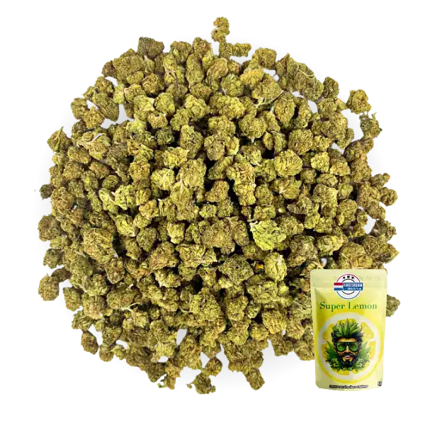 Small Buds Super Lemon en vrac, avec un sachet de 5g en avant-plan, pour une expérience citronnée et rafraîchissante.
