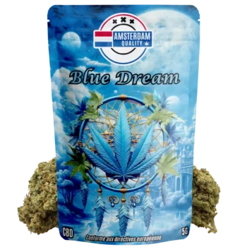 Vue de la fleur de CBD californienne Blue Dreams d'Amsterdam Quality avec son emballage