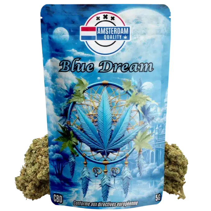 Vue de la fleur de CBD californienne Blue Dreams d'Amsterdam Quality avec son emballage