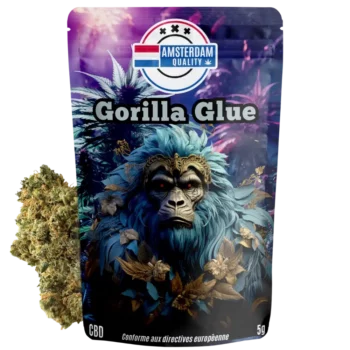 Vue de la fleur de CBD californienne Gorilla Glue GB4 d'Amsterdam Quality avec son emballage