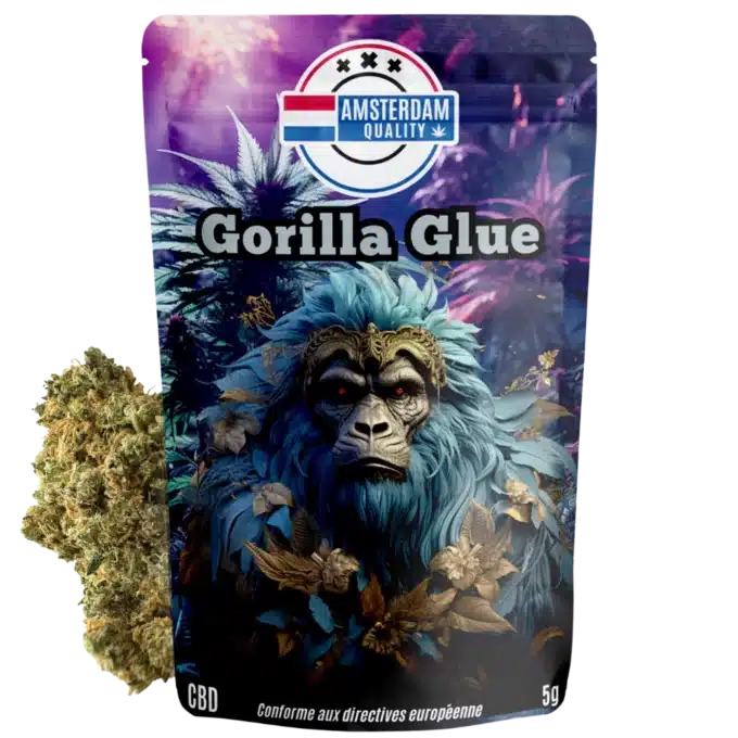 Vue de la fleur de CBD californienne Gorilla Glue GB4 d'Amsterdam Quality avec son emballage