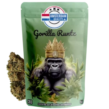 Vue de la fleur de CBD californienne Gorilla Runtz d'Amsterdam Quality avec son emballage