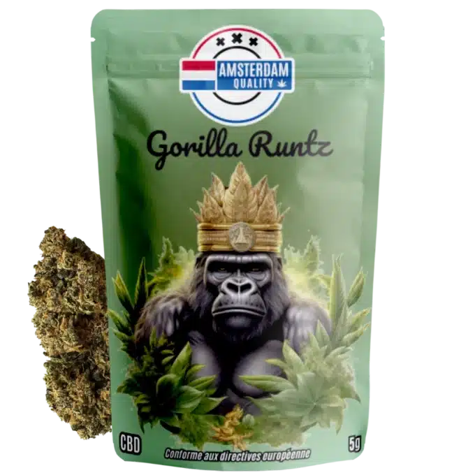 Vue de la fleur de CBD californienne Gorilla Runtz d'Amsterdam Quality avec son emballage