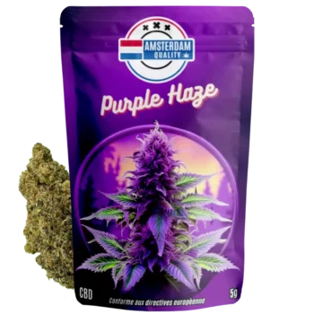 Vue de la fleur de CBD californienne Purple Haze d'Amsterdam Quality avec son emballage