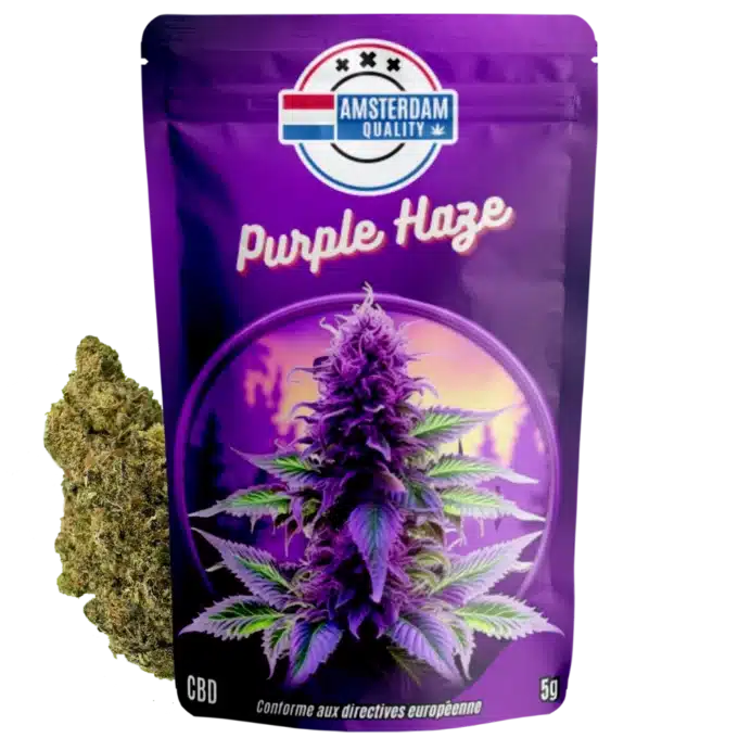 Vue de la fleur de CBD californienne Purple Haze d'Amsterdam Quality avec son emballage