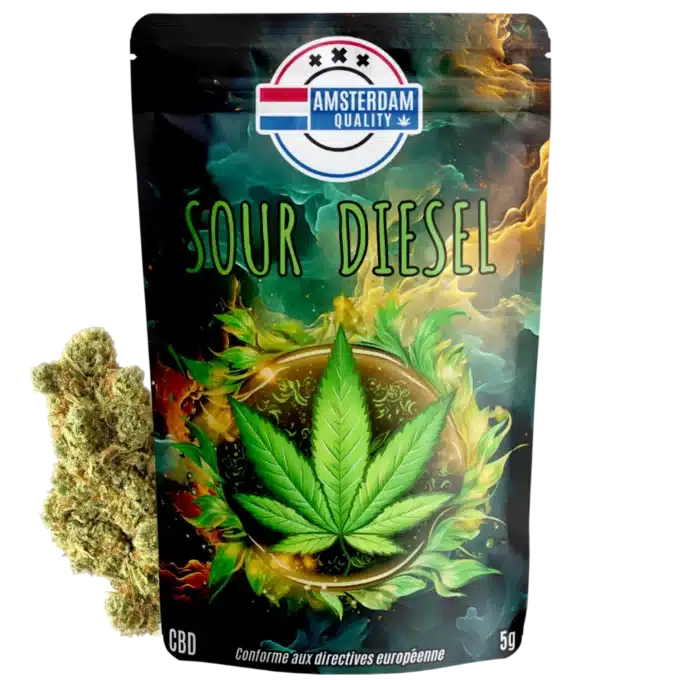 Vue de la fleur de CBD californienne Purple Haze d'Amsterdam Quality avec son emballage