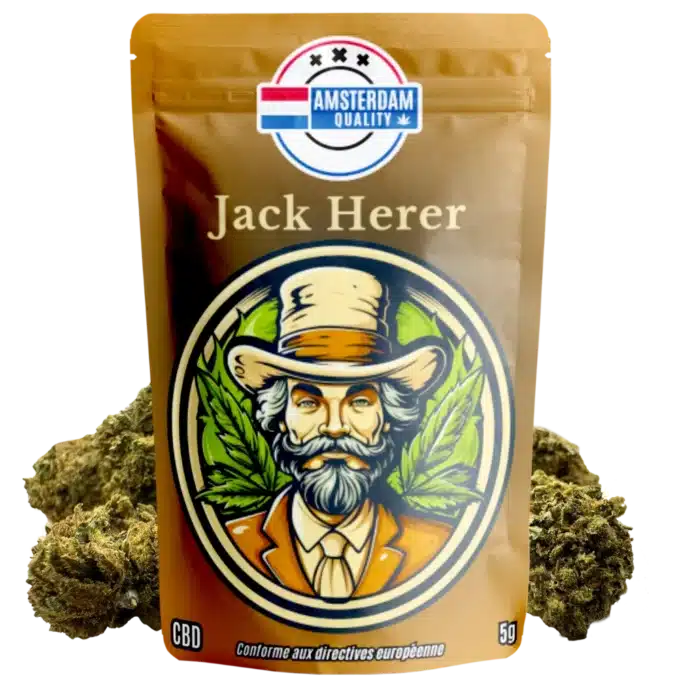 Vue de la fleur de CBD hollandaise Jack Herer d'Amsterdam Quality avec son emballage