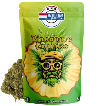 Vue de la fleur de CBD hollandaise Pineapple Express d'Amsterdam Quality avec son emballage