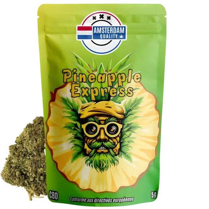 Vue de la fleur de CBD hollandaise Pineapple Express d'Amsterdam Quality avec son emballage