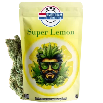 Vue de la fleur de CBD hollandaise Super Lemon d'Amsterdam Quality avec son emballage