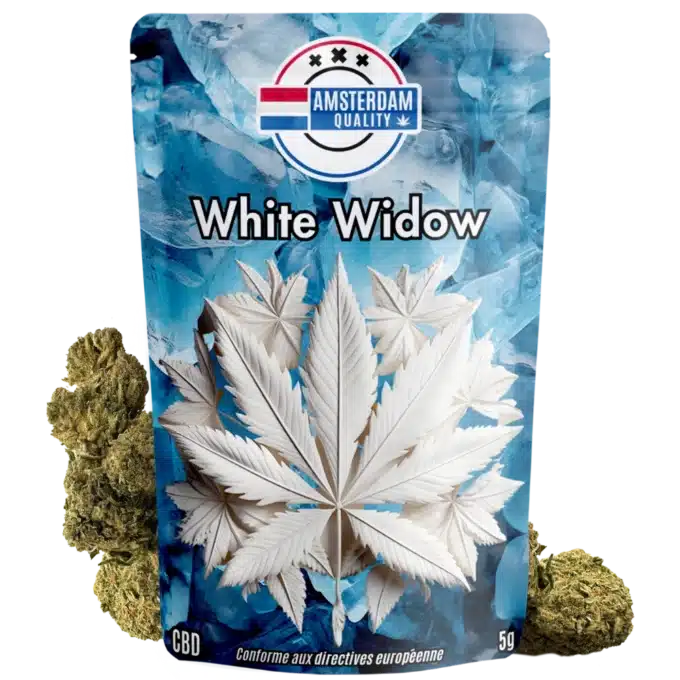 Vue de la fleur de CBD hollandaise White Widow d'Amsterdam Quality avec son emballage