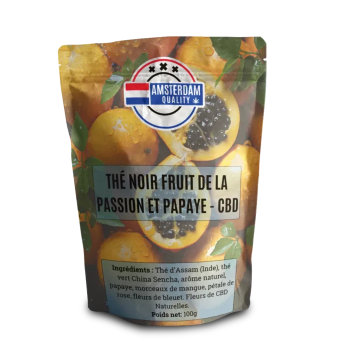 Thé Noir fruit de la passion et papaye au CBD d'Amsterdam Quality mêlant les saveurs exotiques pour une infusion riche et parfumée en CBD.