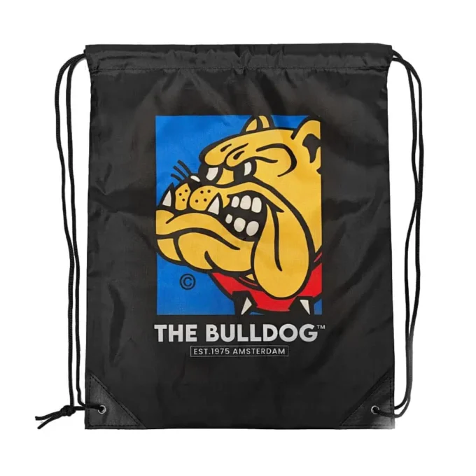 Sac à cordons noir avec le logo iconique The Bulldog Amsterdam. Léger et résistant, parfait pour transporter vos accessoires CBD et fumeurs en toute discrétion.