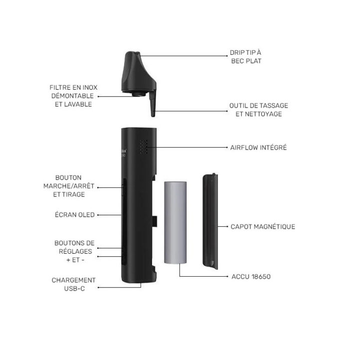 Toutes les pièces visibles : batterie amovible, airflow, bol inox. Le must des vapos compacts. Amsterdam Quality.